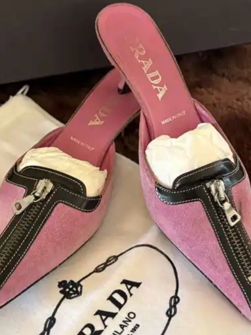 Prada Pink Suede Pointed Mule with Black Leather Zip Trim